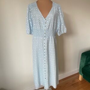 Sail to Sable Glacier Blue Smocked Empire Waist Geo Jacquard Midi Dress NWT XL